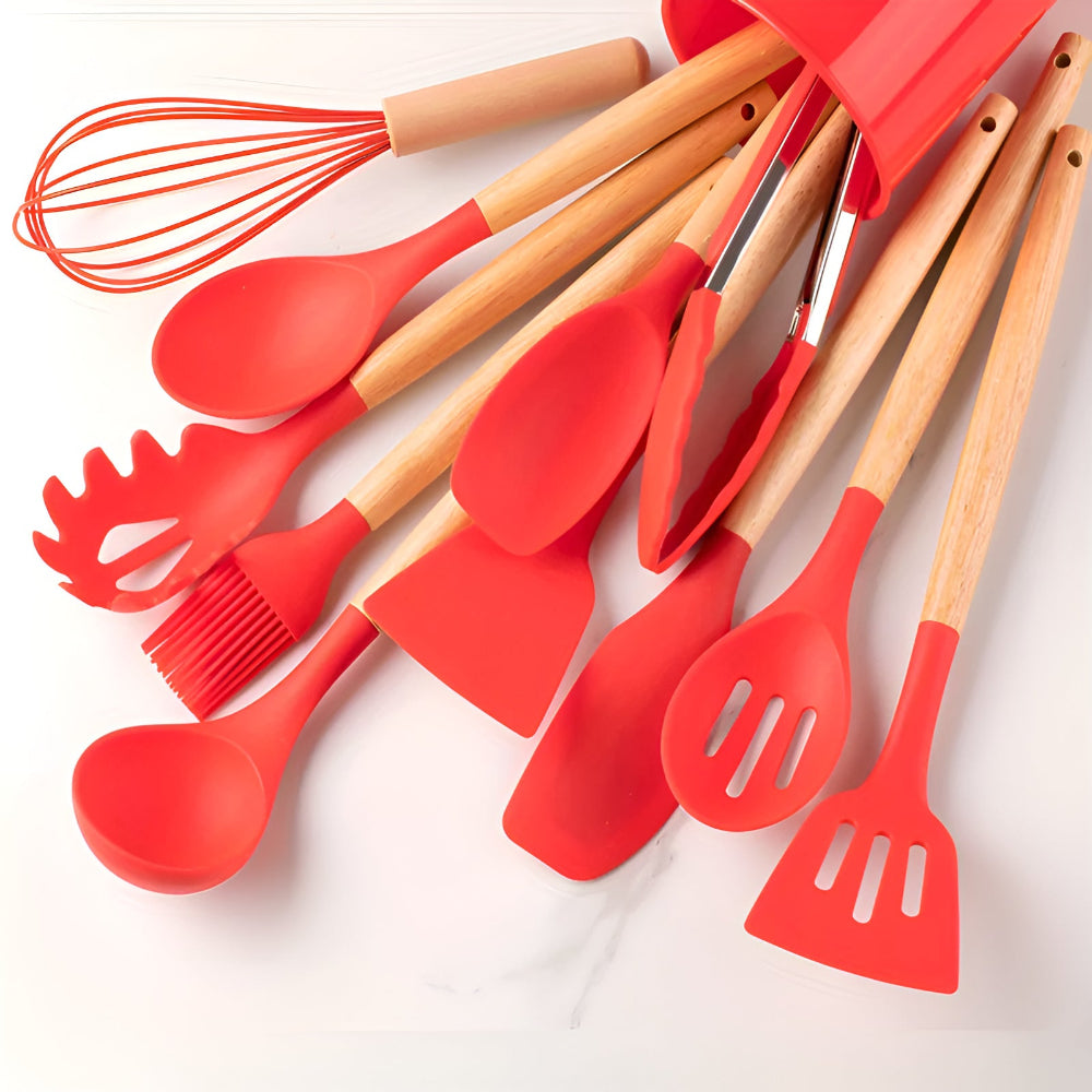 12-Delige Keukengerei Set met Siliconen Spatels en Bamboe Handvatten voor Krasvrij Koken Antiaanbak Pannen | Sulvida