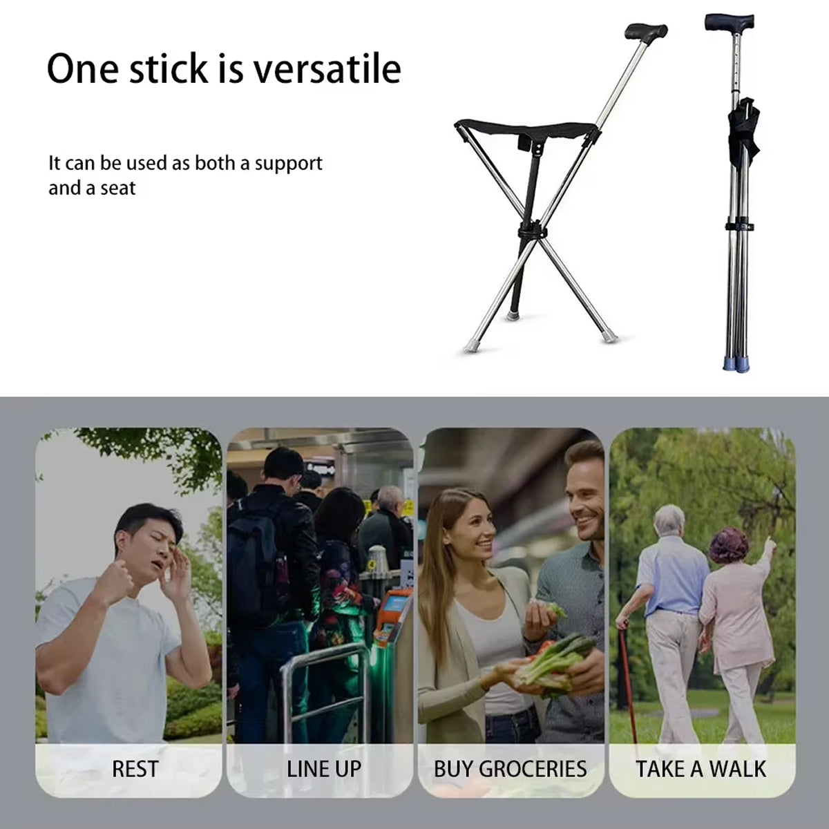 Canne de marche pliable avec siège, trépied en aluminium, aide à la mobilité réglable de 57-87 cm, siège de repos pour l’extérieur | Sulvida