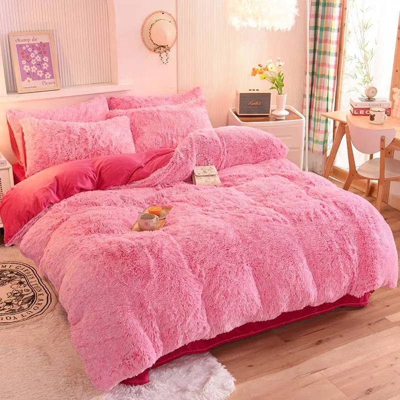 Plüsch-Fleece-Bettwäsche-Set, winterwarm, Teddy, 3-4-teilig, mit Bezug, Laken und Kissenbezügen | Sulvida
