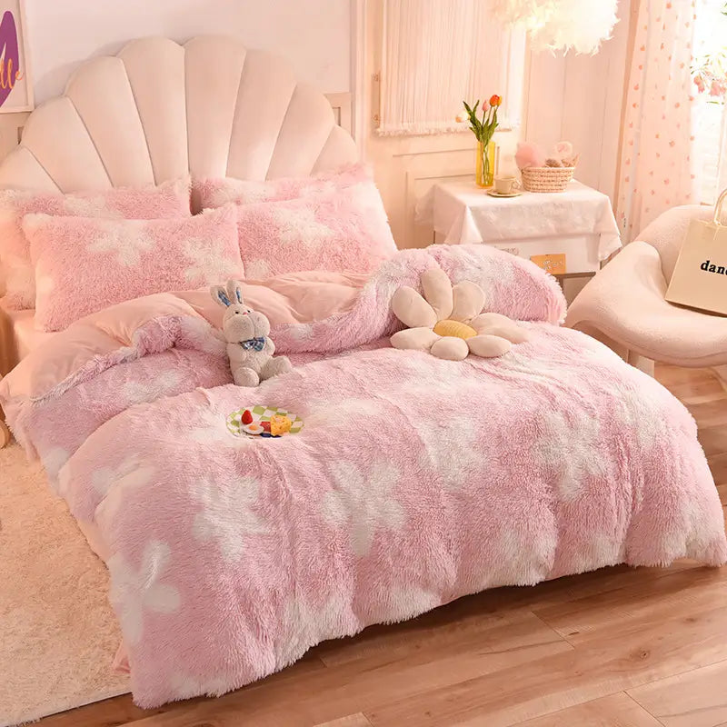 Plüsch-Fleece-Bettwäsche-Set, winterwarm, Teddy, 3-4-teilig, mit Bezug, Laken und Kissenbezügen | Sulvida