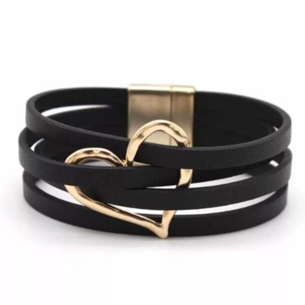 Leren Wikkelarmband Meerlaags Decoratief O-Detail Magneet Zwart Bruin Groen Navy Blauw Zilver Rood Hart | Sulvida