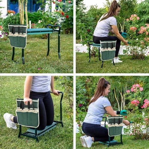 Banc de jardin pliable pour s'agenouiller avec assise, cadre en acier, coussin EVA, étui à outils, support pour genoux, confort pour le jardinage | Sulvida