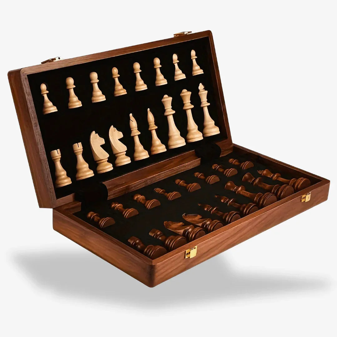 Schaakset Massief Hout Inklapbaar Bord Premium Schaakspel Houten Stukken Strategisch Bordspel Tafelspel | Sulvida