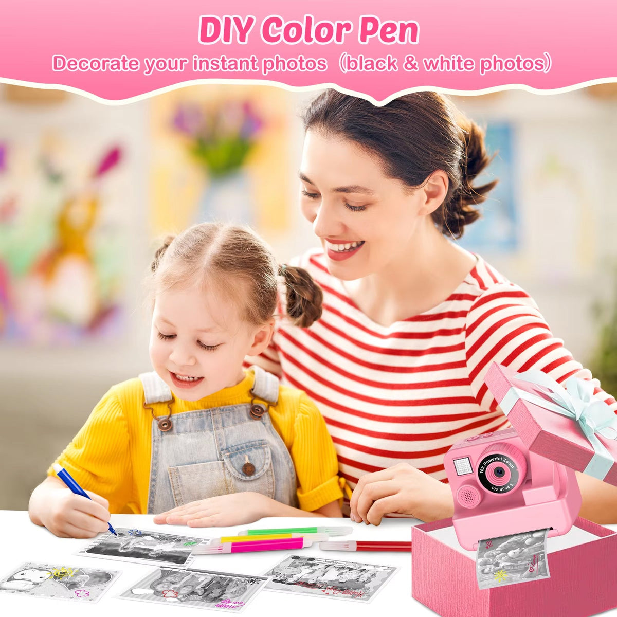 Appareil photo instantané avec impression pour enfants, appareil photo HD 1080P avec mémoire de 32GB et stylos de couleur, jouet créatif | Sulvida