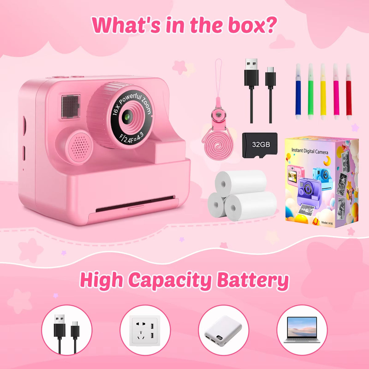 Appareil photo instantané avec impression pour enfants, appareil photo HD 1080P avec mémoire de 32GB et stylos de couleur, jouet créatif | Sulvida