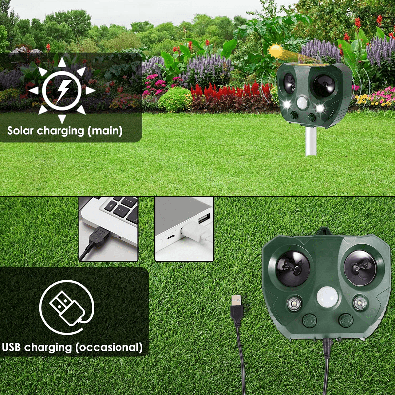 Zonne-energie Vogelverjager Ultrasone Geluid Beweging Tuin Balkon Vogels Verjagen LED-lichten IP44 Waterdicht | Sulvida