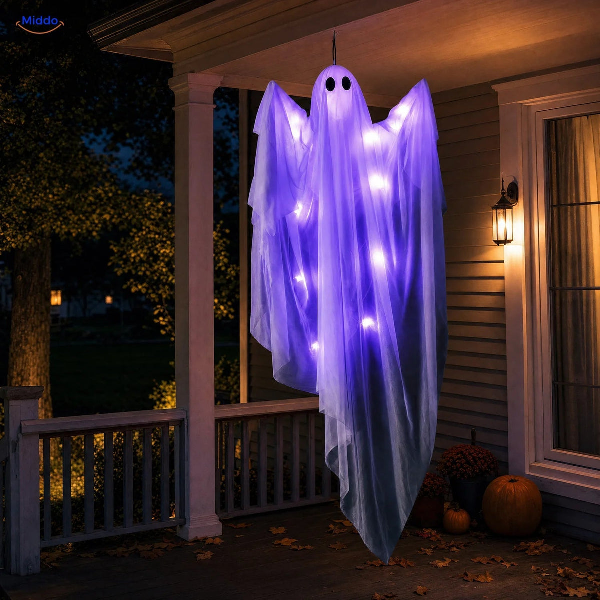 Hangend Halloween-spook 119 cm wit met zwarte ogen griezelige decoratiefiguur optioneel met LED-verlichting | Sulvida