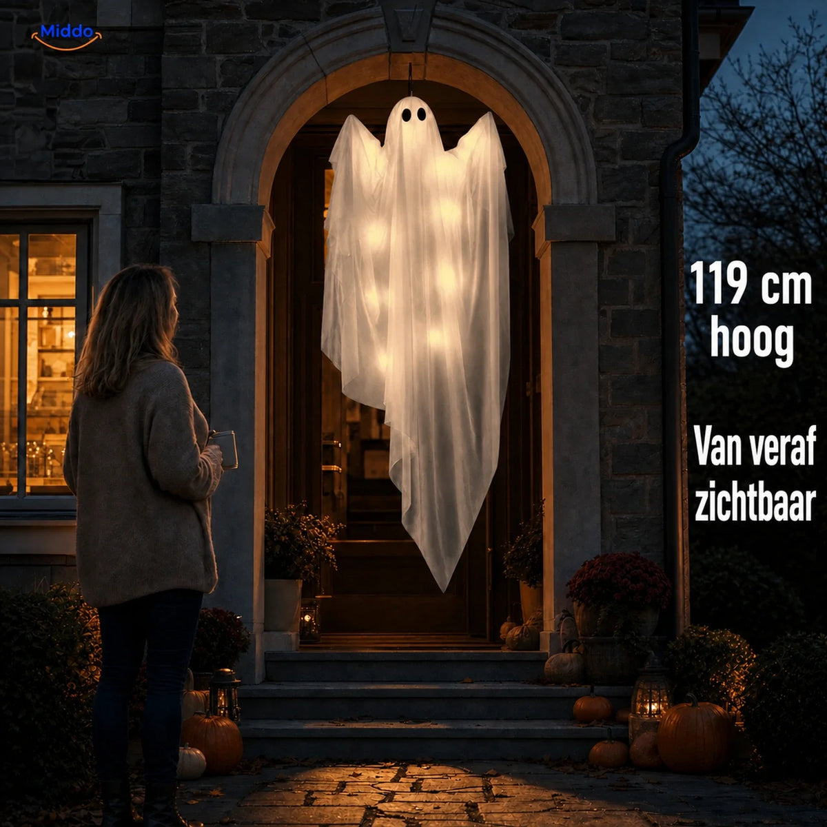 Hangend Halloween-spook 119 cm wit met zwarte ogen griezelige decoratiefiguur optioneel met LED-verlichting | Sulvida