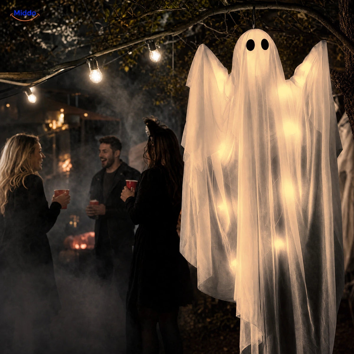Hangend Halloween-spook 119 cm wit met zwarte ogen griezelige decoratiefiguur optioneel met LED-verlichting | Sulvida