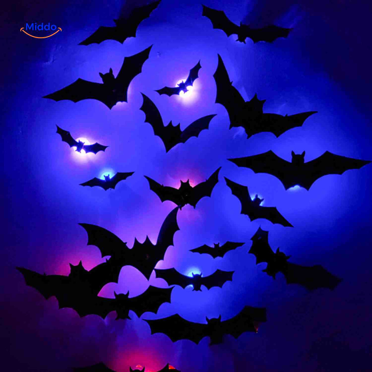 3D Wanddecoratie met LED-Verlichting Halloween Vleermuis Spin Spook Muurstickers Glow Effect Feestdecoratie | Sulvida