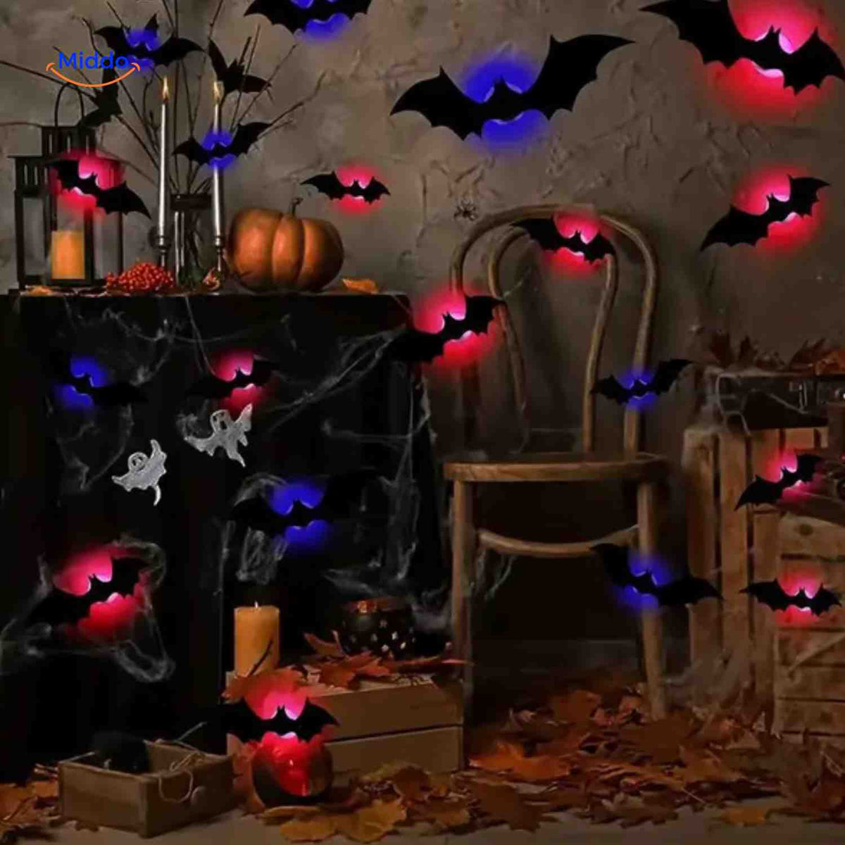 3D Wanddecoratie met LED-Verlichting Halloween Vleermuis Spin Spook Muurstickers Glow Effect Feestdecoratie | Sulvida