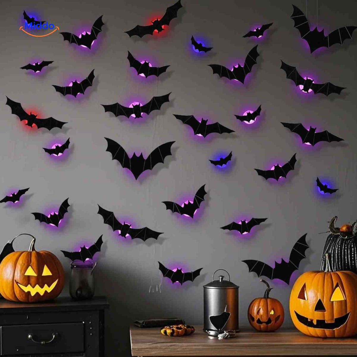 3D Wanddecoratie met LED-Verlichting Halloween Vleermuis Spin Spook Muurstickers Glow Effect Feestdecoratie | Sulvida