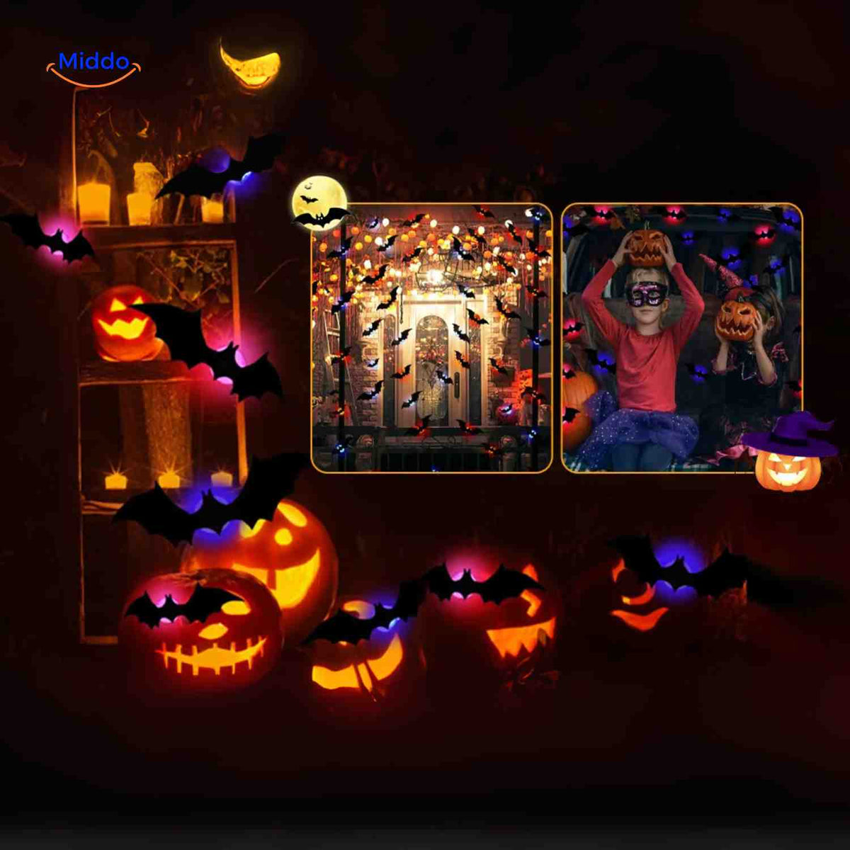 3D Wanddecoratie met LED-Verlichting Halloween Vleermuis Spin Spook Muurstickers Glow Effect Feestdecoratie | Sulvida