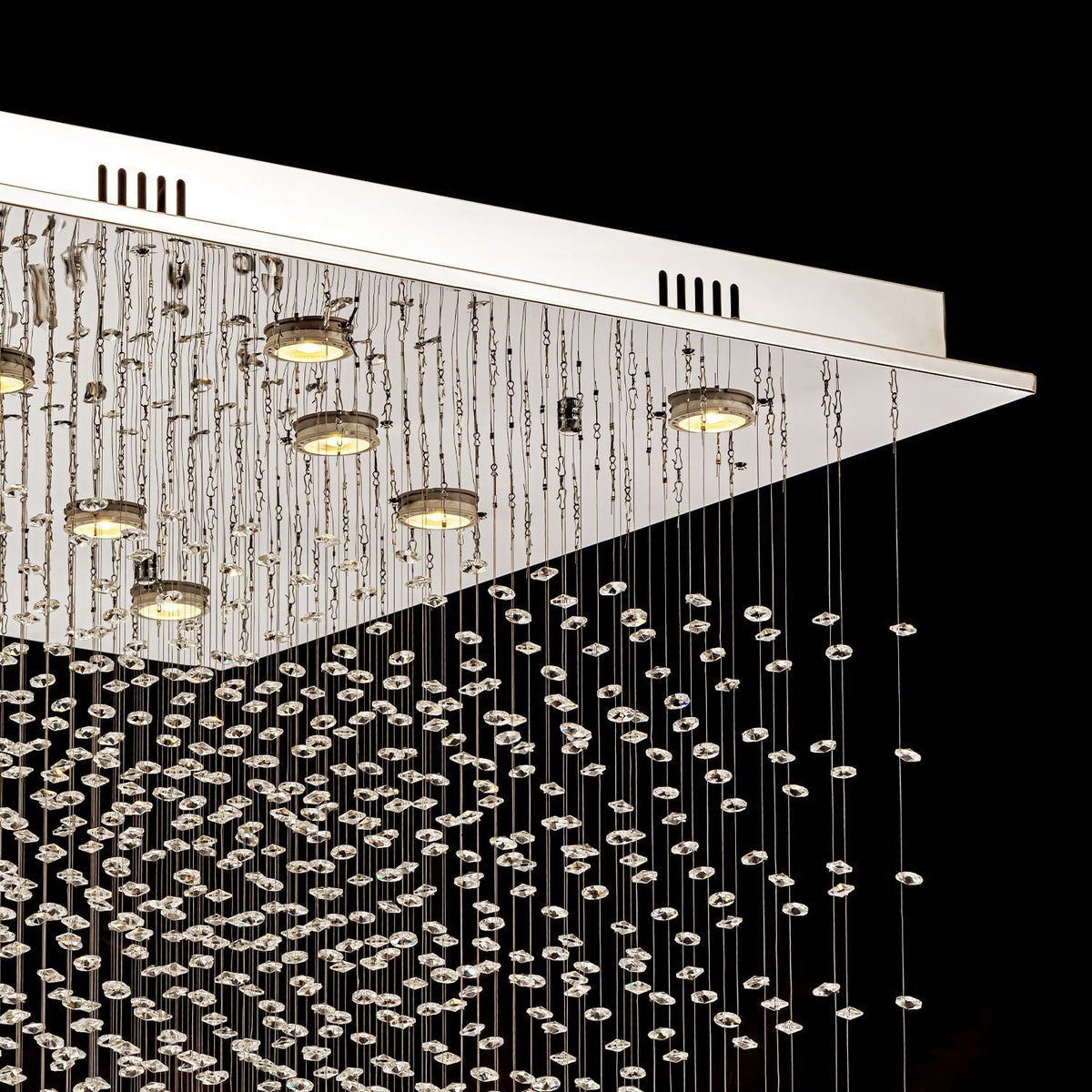 Kristallen hanglamp vierkant chroom raindrop design kroonluchter langwerpig K9 staal modern voor traphal | Sulvida