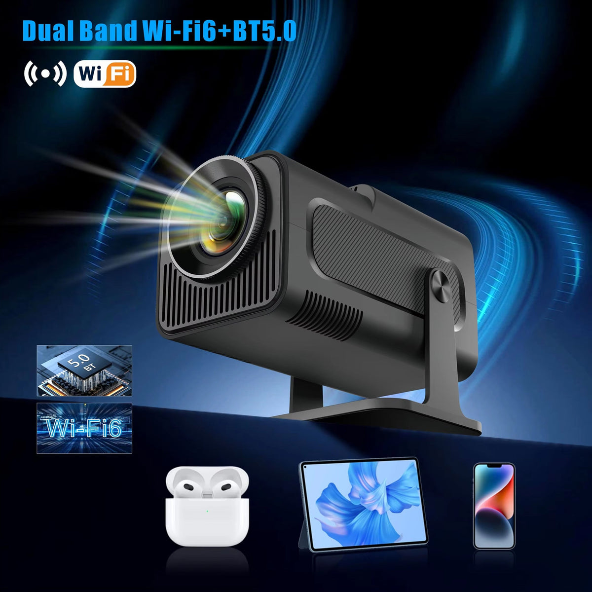 Projecteur d’extérieur compact, 300 lumens ANSI, Full HD 1080p, Android 11, sans fil, 150 pouces, portable | Sulvida