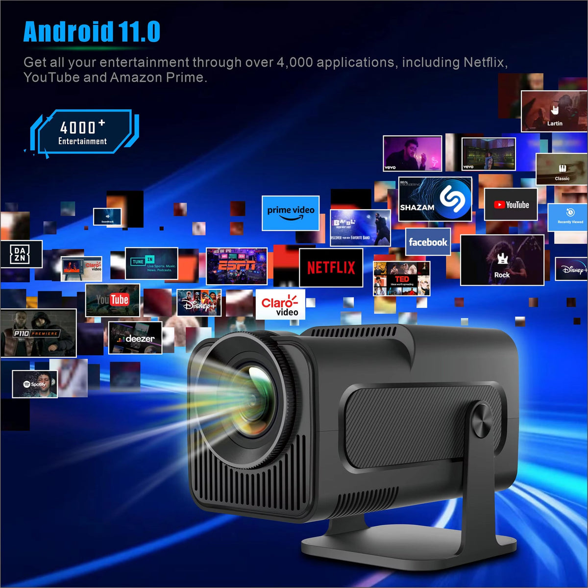 Projecteur d’extérieur compact, 300 lumens ANSI, Full HD 1080p, Android 11, sans fil, 150 pouces, portable | Sulvida