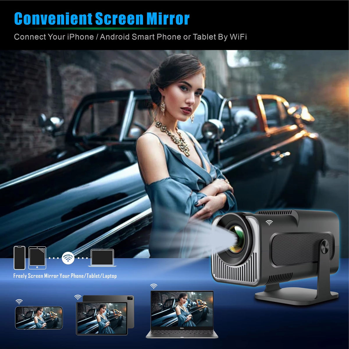 Projecteur d’extérieur compact, 300 lumens ANSI, Full HD 1080p, Android 11, sans fil, 150 pouces, portable | Sulvida