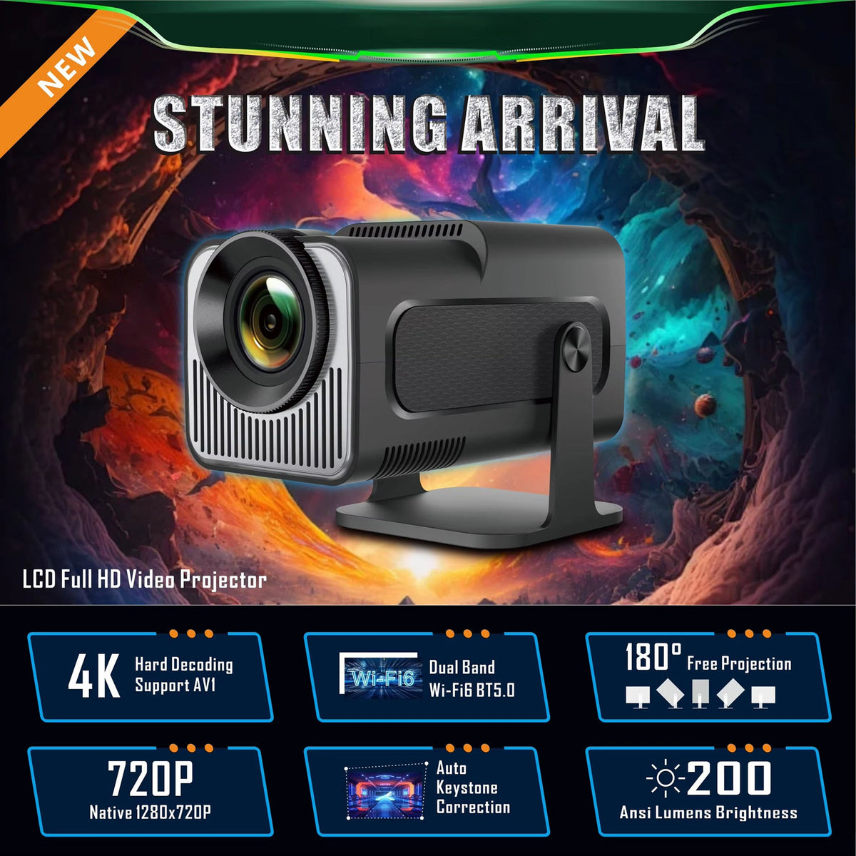 Projecteur d’extérieur compact, 300 lumens ANSI, Full HD 1080p, Android 11, sans fil, 150 pouces, portable | Sulvida