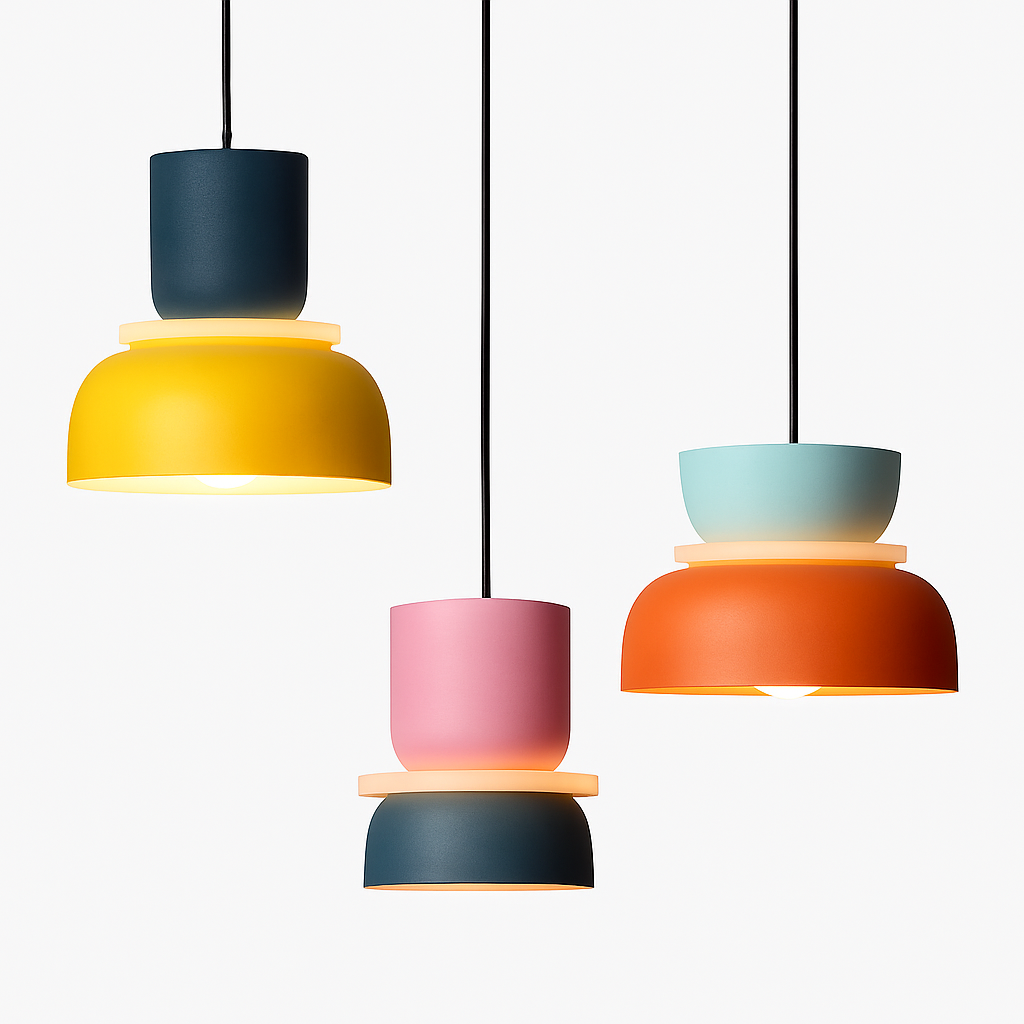 Moderne hanglamp metaal met grafische vormen gekleurde kap industrieel design plafondverlichting woonkamer | Sulvida