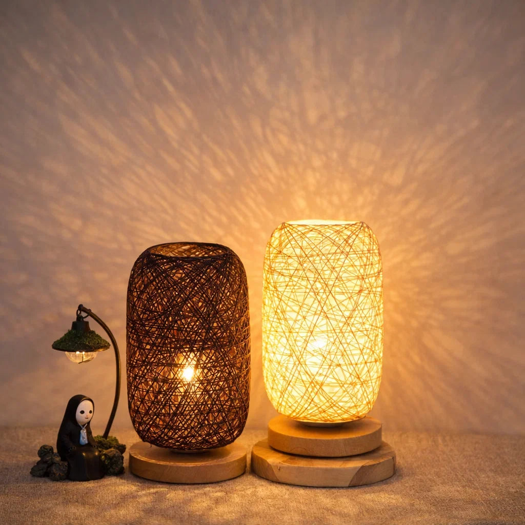 Rotan Tafellamp Japandi Design Hout Metaal Industrieel Sfeerlicht Woonkamer Slaapkamer LED Wooninterieur | Sulvida