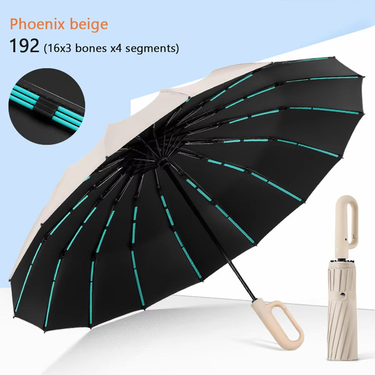 Parapluie anti-tempête 192 baleines avec armature renforcée, ouverture automatique et résistance au vent, diamètre de 120 cm | Sulvida