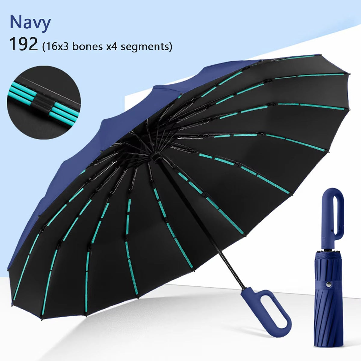 Parapluie anti-tempête 192 baleines avec armature renforcée, ouverture automatique et résistance au vent, diamètre de 120 cm | Sulvida