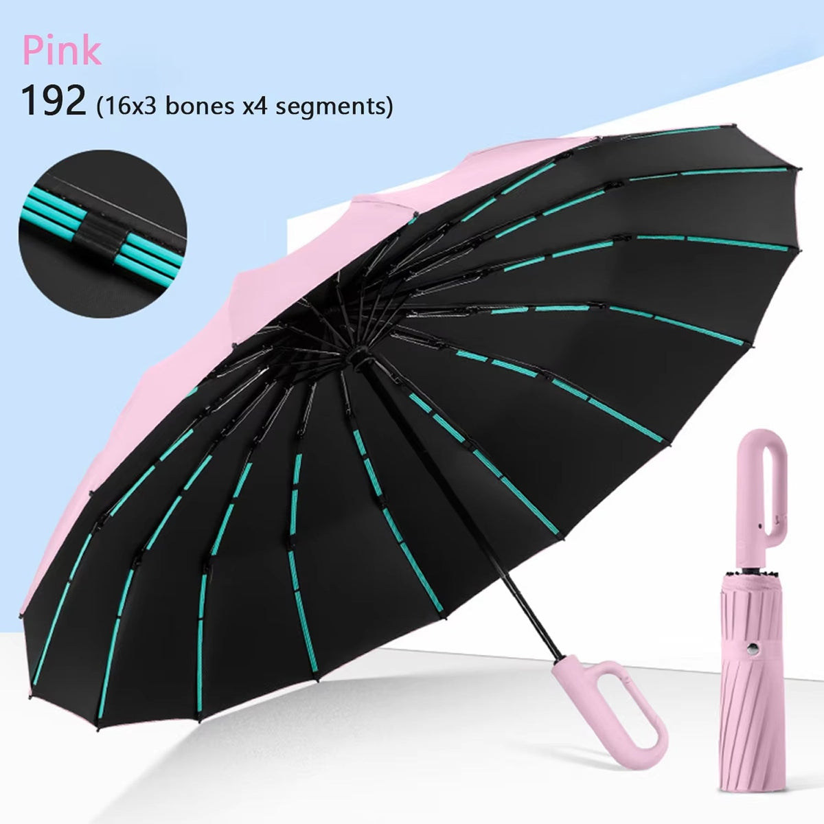 Parapluie anti-tempête 192 baleines avec armature renforcée, ouverture automatique et résistance au vent, diamètre de 120 cm | Sulvida