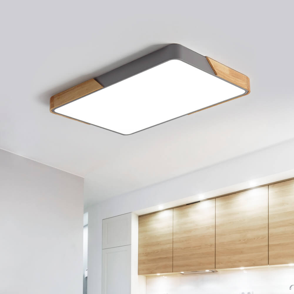 Plafonnier LED moderne rectangulaire en bois et acrylique, à intensité et température de couleur réglables, 3000K-6000K, cuisine, salon, chambre | Sulvida