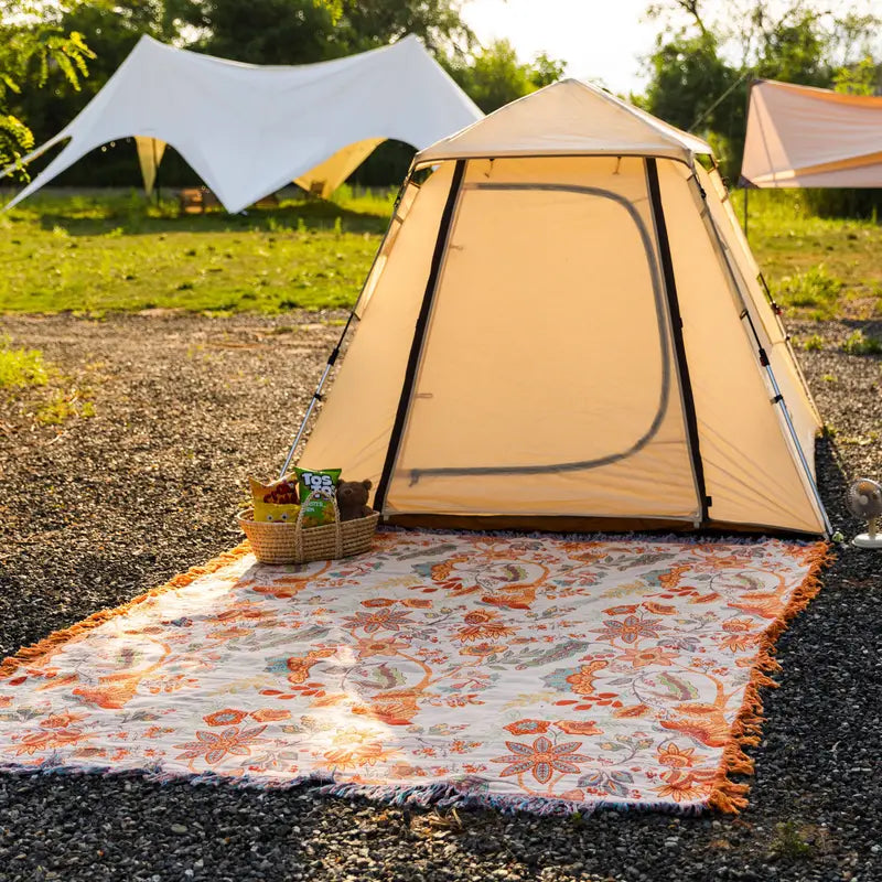 Boheemse Katoenen Plaid met Bloemenmotief – Oranje en Blauw op Crème Achtergrond voor Bank Bed Interieur | Sulvida
