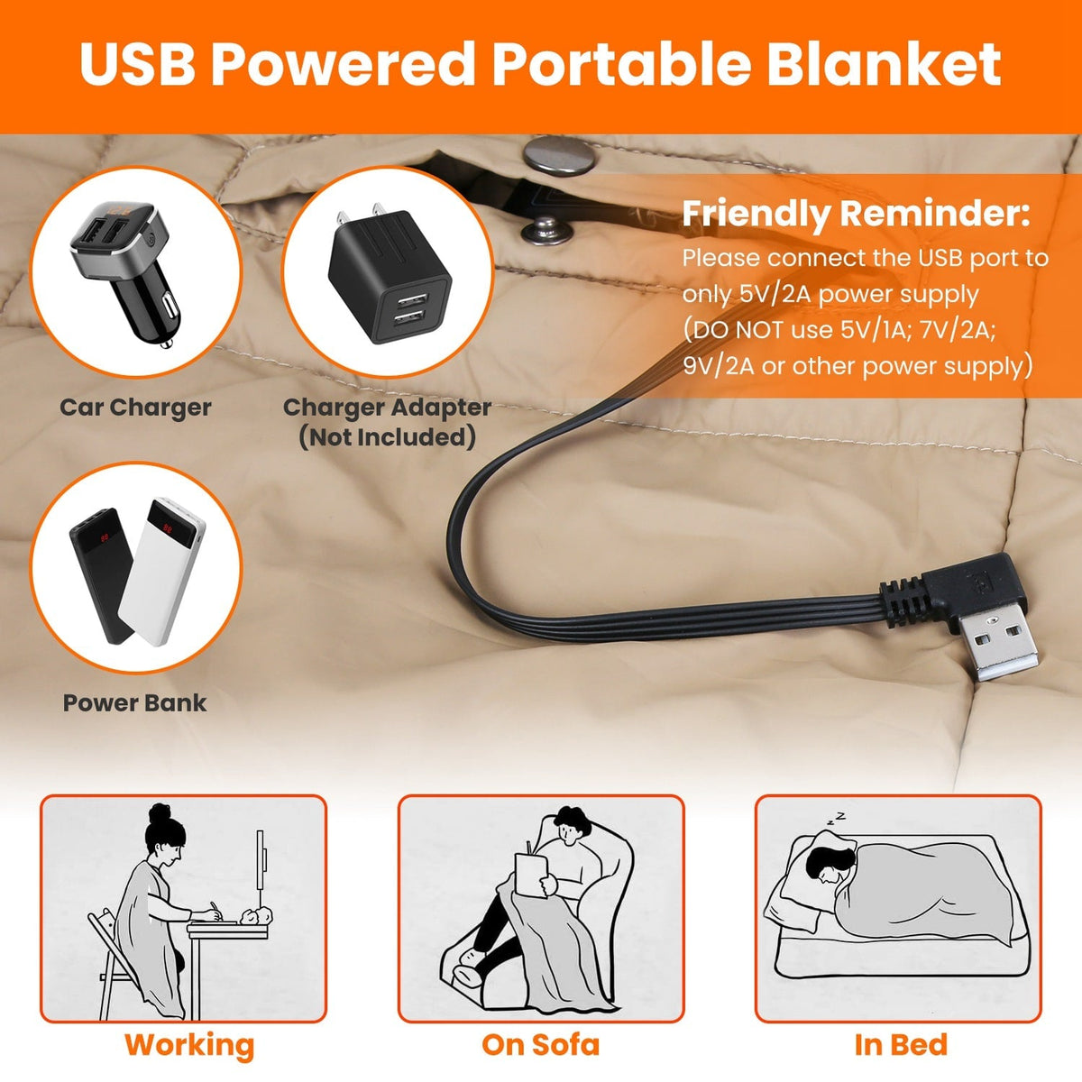 USB Verwarmde Deken met Ritsarmsgaten en 6 Verwarmingszones Draagbaar Fleece Plaid Thuiswerken Outdoor | Sulvida