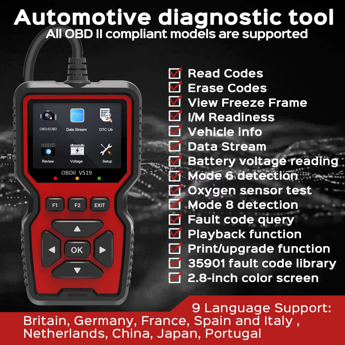 Scanner de diagnostic OBD2 pour voiture avec base de données de 35 000 codes défaut, lecture des données en direct, effacement des codes défaut et diagnostic du véhicule | Sulvida