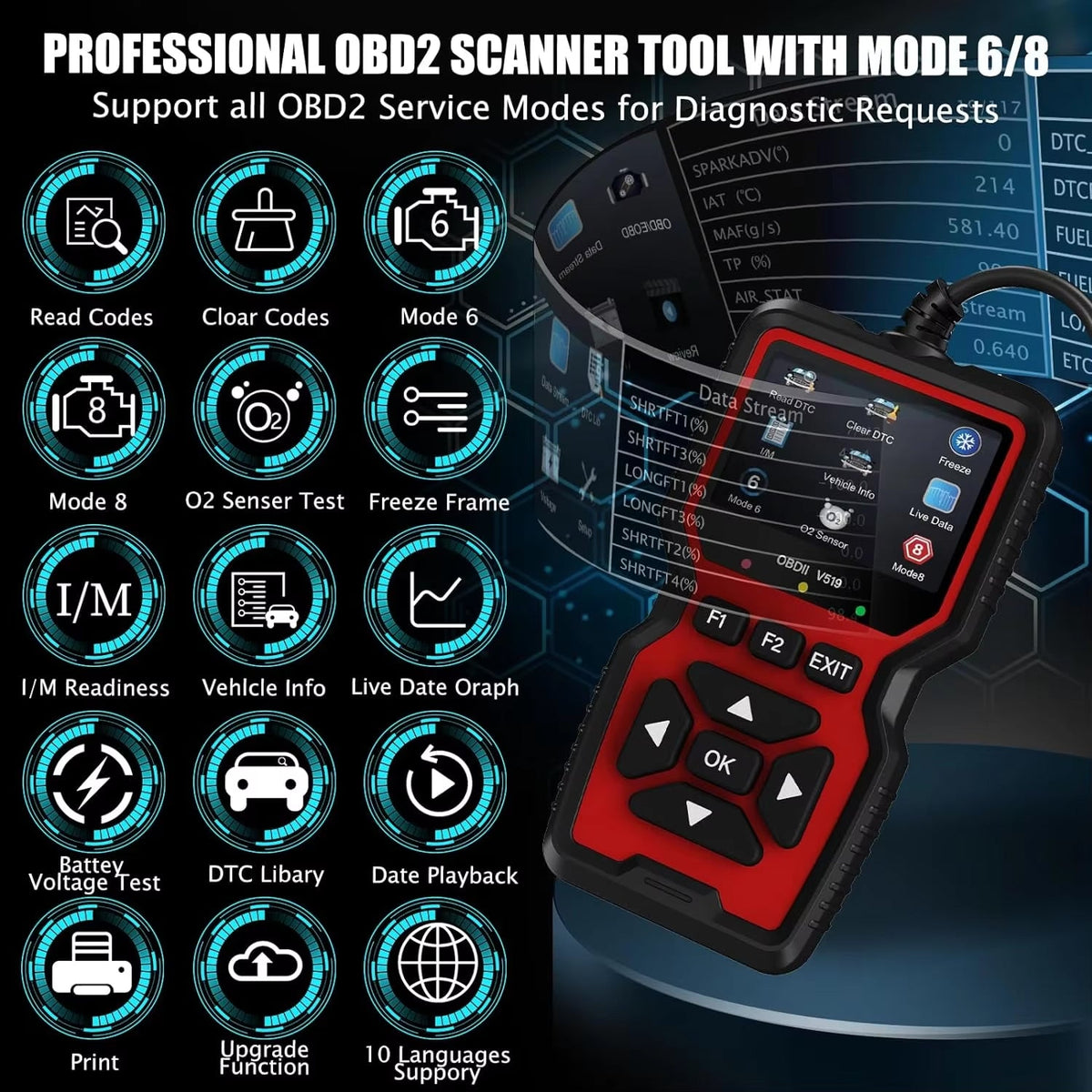 Scanner de diagnostic OBD2 pour voiture avec base de données de 35 000 codes défaut, lecture des données en direct, effacement des codes défaut et diagnostic du véhicule | Sulvida