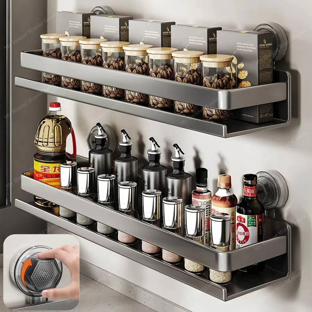 Wandrek Keuken met Zuignappen Roestvrij Staal 30-50cm Kruidenrek Badkamer Opbergen Muur zonder Boren | Sulvida