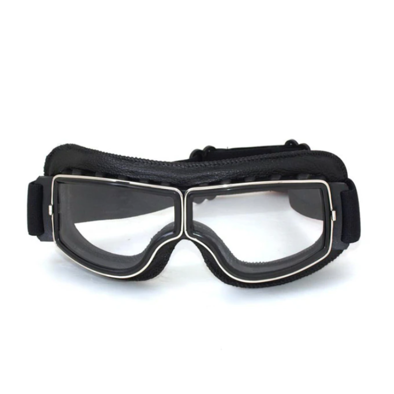 Casque de moto avec lunettes en cuir vintage, lunettes de conduite protectrices contre le vent et la poussière, sûres, style rétro, design classique, 4 verres | Sulvida