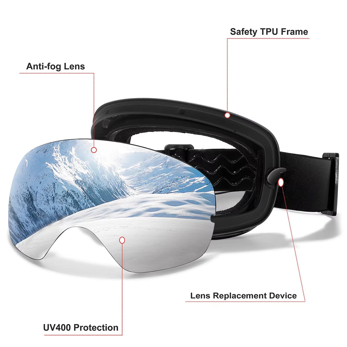 Masque de ski avec système antibuée et protection UV400, pour snowboard, ski et sports d’hiver, unisexe, sûr et offrant une vision claire | Sulvida