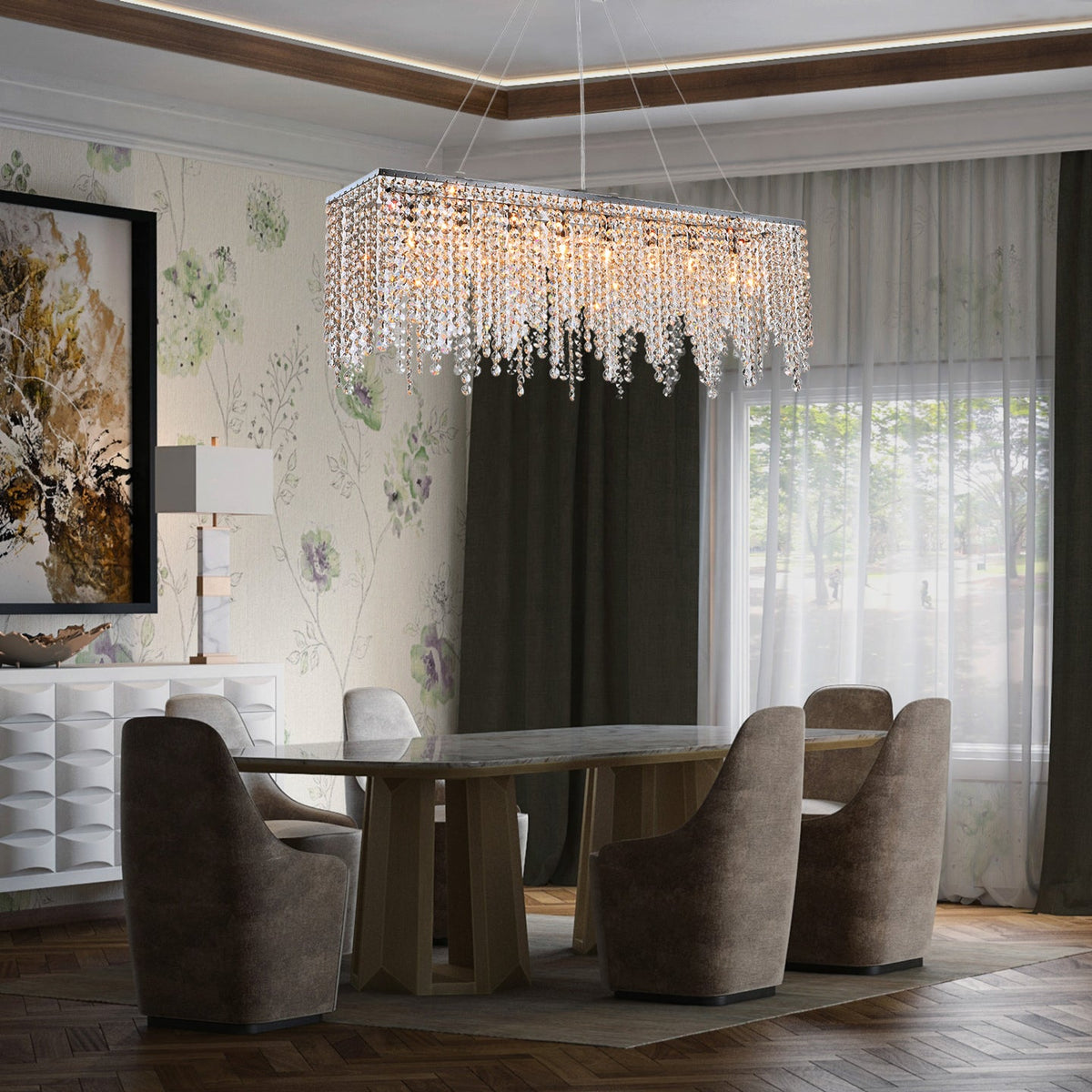 Lineaire kristallen hanglamp met druppels chroom eetkamer woonkamer keuken verlichtingsobject kroonluchter | Sulvida