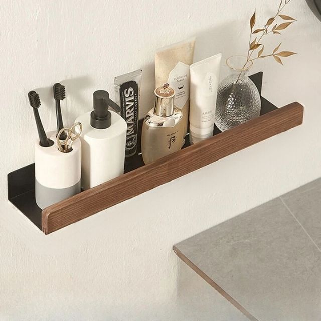 Houten Wandplank Vochtbestendig met Zelfklevende Montage – Natuurlijk Massief Hout Badkamer Toilet 30 cm | Sulvida