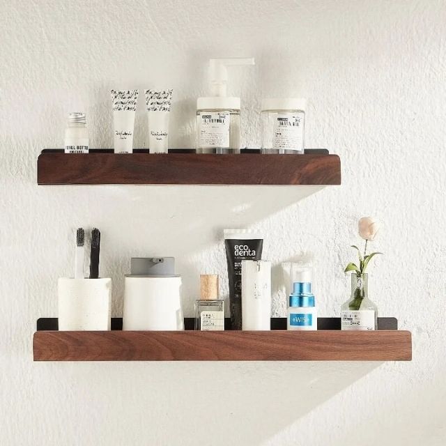 Houten Wandplank Vochtbestendig met Zelfklevende Montage – Natuurlijk Massief Hout Badkamer Toilet 30 cm | Sulvida