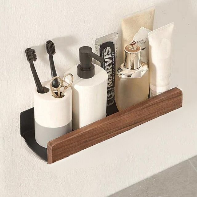 Houten Wandplank Vochtbestendig met Zelfklevende Montage – Natuurlijk Massief Hout Badkamer Toilet 30 cm | Sulvida