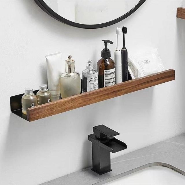 Houten Wandplank Vochtbestendig met Zelfklevende Montage – Natuurlijk Massief Hout Badkamer Toilet 30 cm | Sulvida