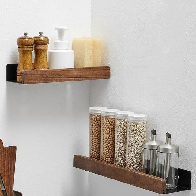 Houten Wandplank Vochtbestendig met Zelfklevende Montage – Natuurlijk Massief Hout Badkamer Toilet 30 cm | Sulvida