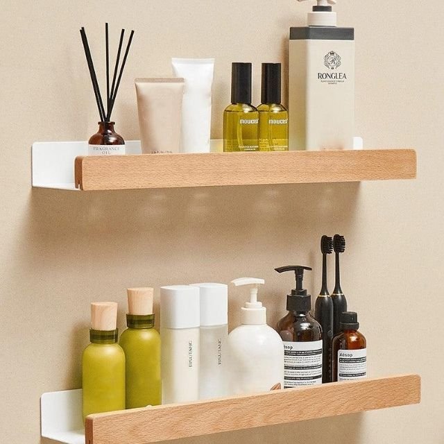Houten Wandplank Vochtbestendig met Zelfklevende Montage – Natuurlijk Massief Hout Badkamer Toilet 30 cm | Sulvida