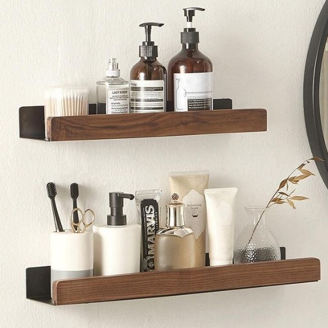 Houten Wandplank Vochtbestendig met Zelfklevende Montage – Natuurlijk Massief Hout Badkamer Toilet 30 cm | Sulvida