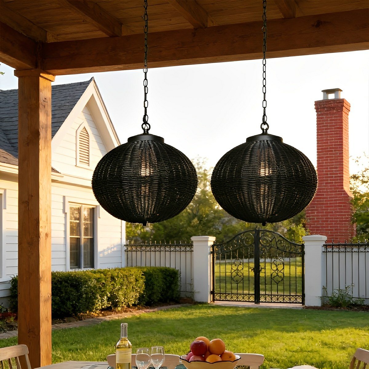 Rotan Hanglamp Zwart Rond Waterdicht Buiten Terras Tuin Veranda Sfeerverlichting Rustiek Kooi Design | Sulvida