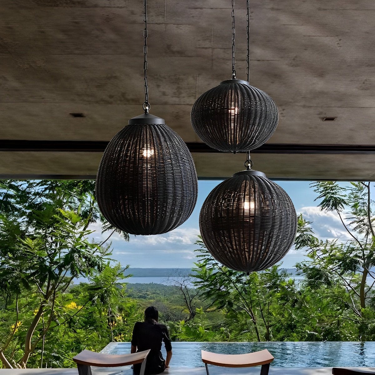 Rotan Hanglamp Zwart Rond Waterdicht Buiten Terras Tuin Veranda Sfeerverlichting Rustiek Kooi Design | Sulvida