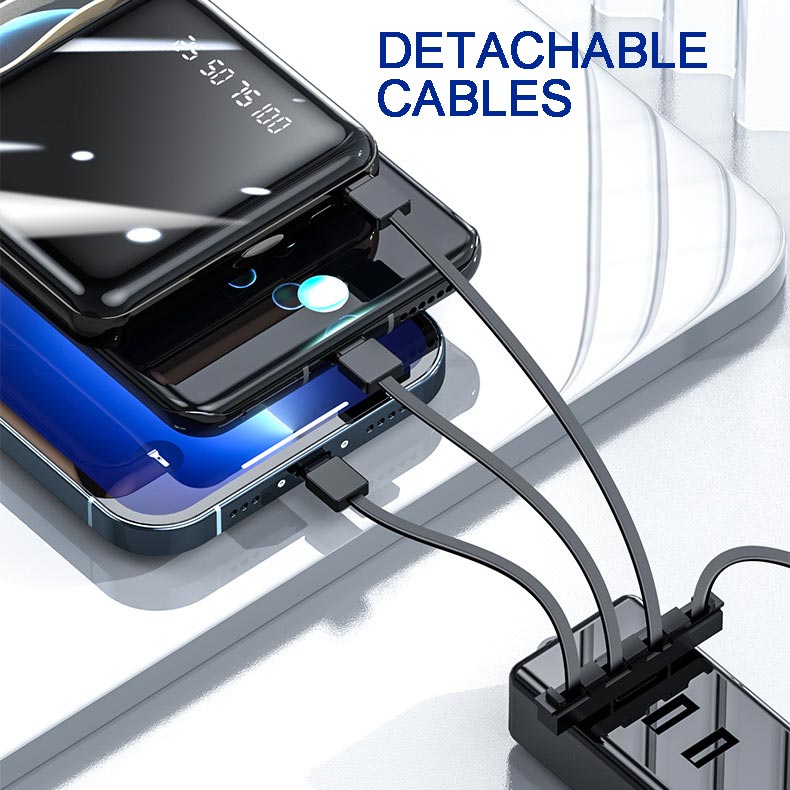 Compacte Powerbank 20000mAh met Geïntegreerde Kabels en Snel Opladen voor Smartphone Tablet en Mobiele Apparaten | Sulvida