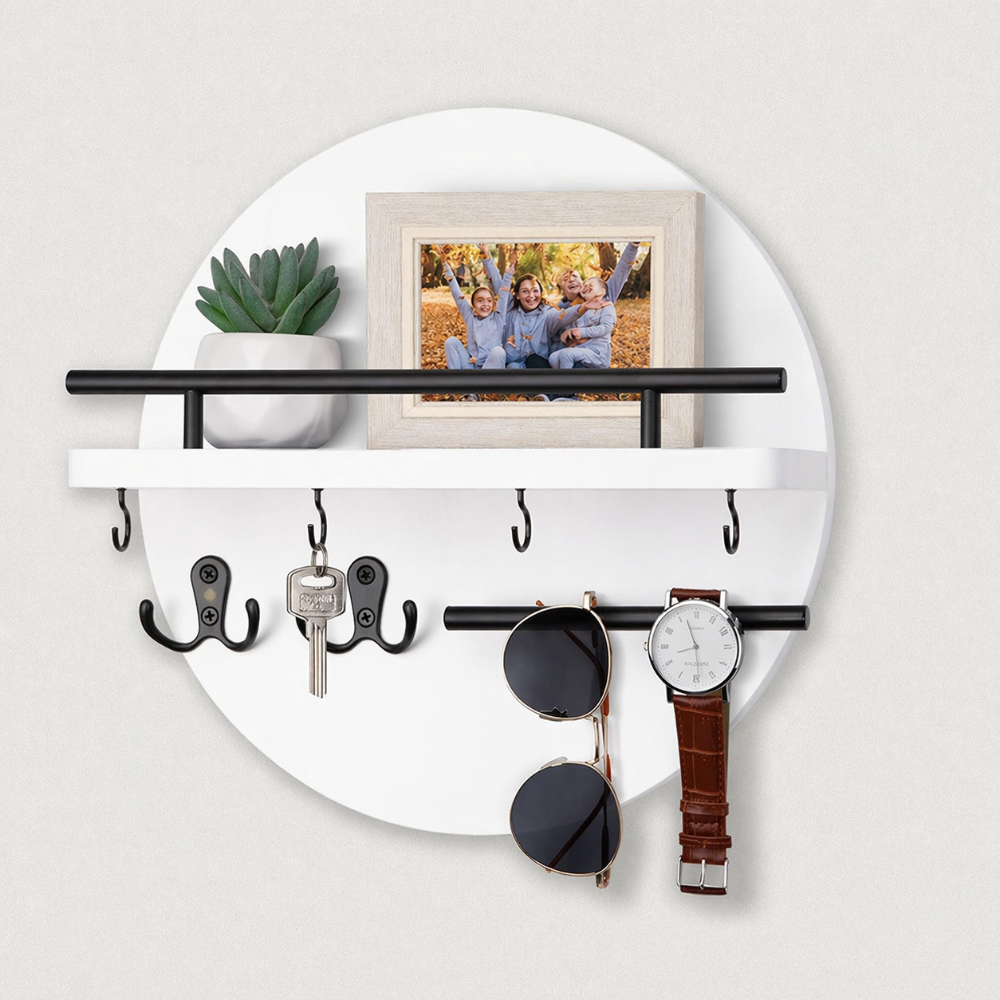 Wandhaak Hout Rond Ø30cm Metalen Haken Hal Entree Sleutelhouder Organiser Modern Minimalistisch Design | Sulvida