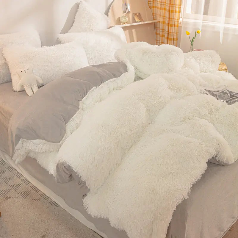 Plüsch-Fleece-Bettwäsche-Set, winterwarm, Teddy, 3-4-teilig, mit Bezug, Laken und Kissenbezügen | Sulvida
