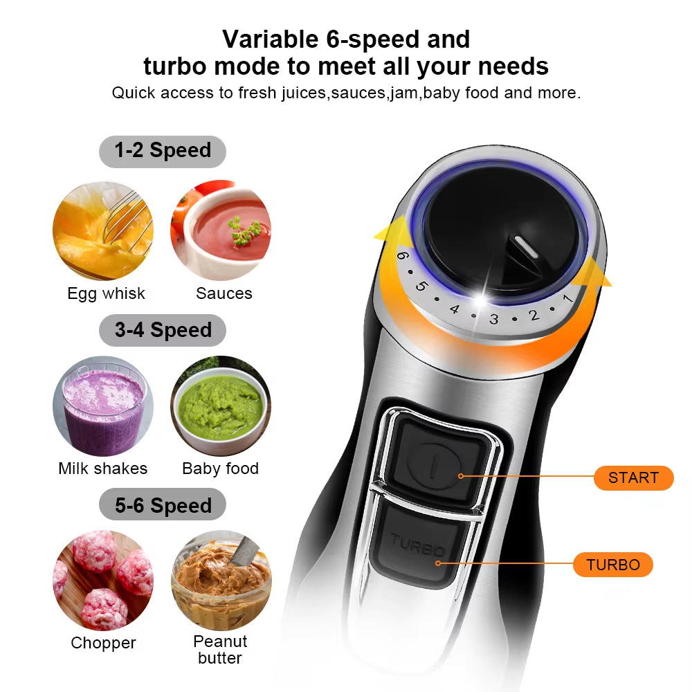 Mixeur plongeant professionnel 1200W, kit 4-en-1 avec blender, hachoir, fouet et gobelet à smoothie, noir, mixeur de cuisine - Sulvida