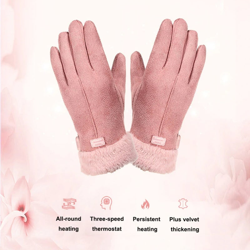 Verwarmde Dameshandschoenen Oplaadbaar met Touchscreen Fleece Bontrand Winter Skihandschoenen Waterdicht | Sulvida